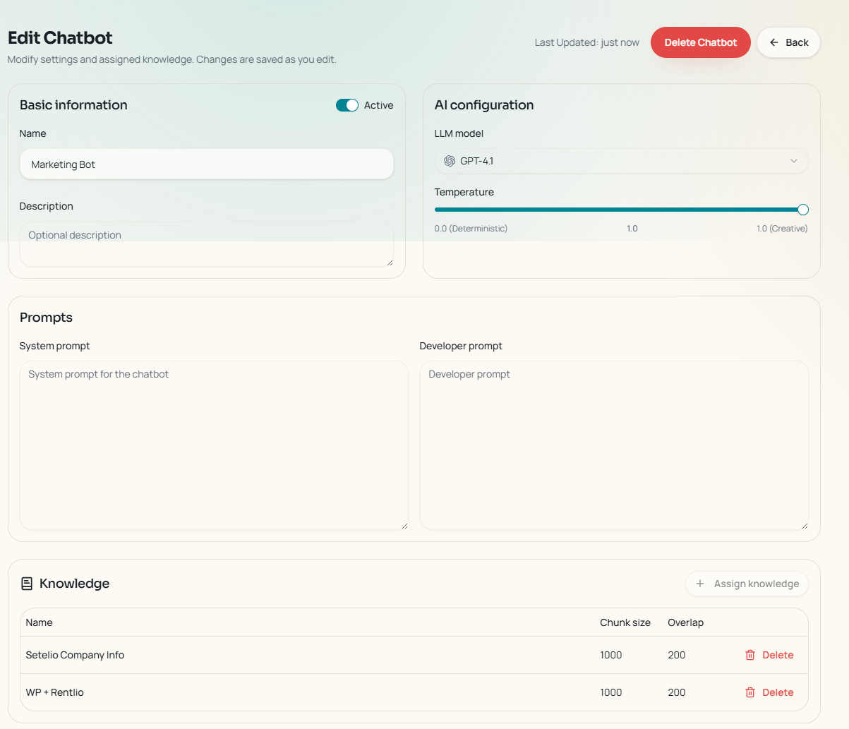 AskTheBot Console — Edit Chatbot configuration with knowledge base and model settings