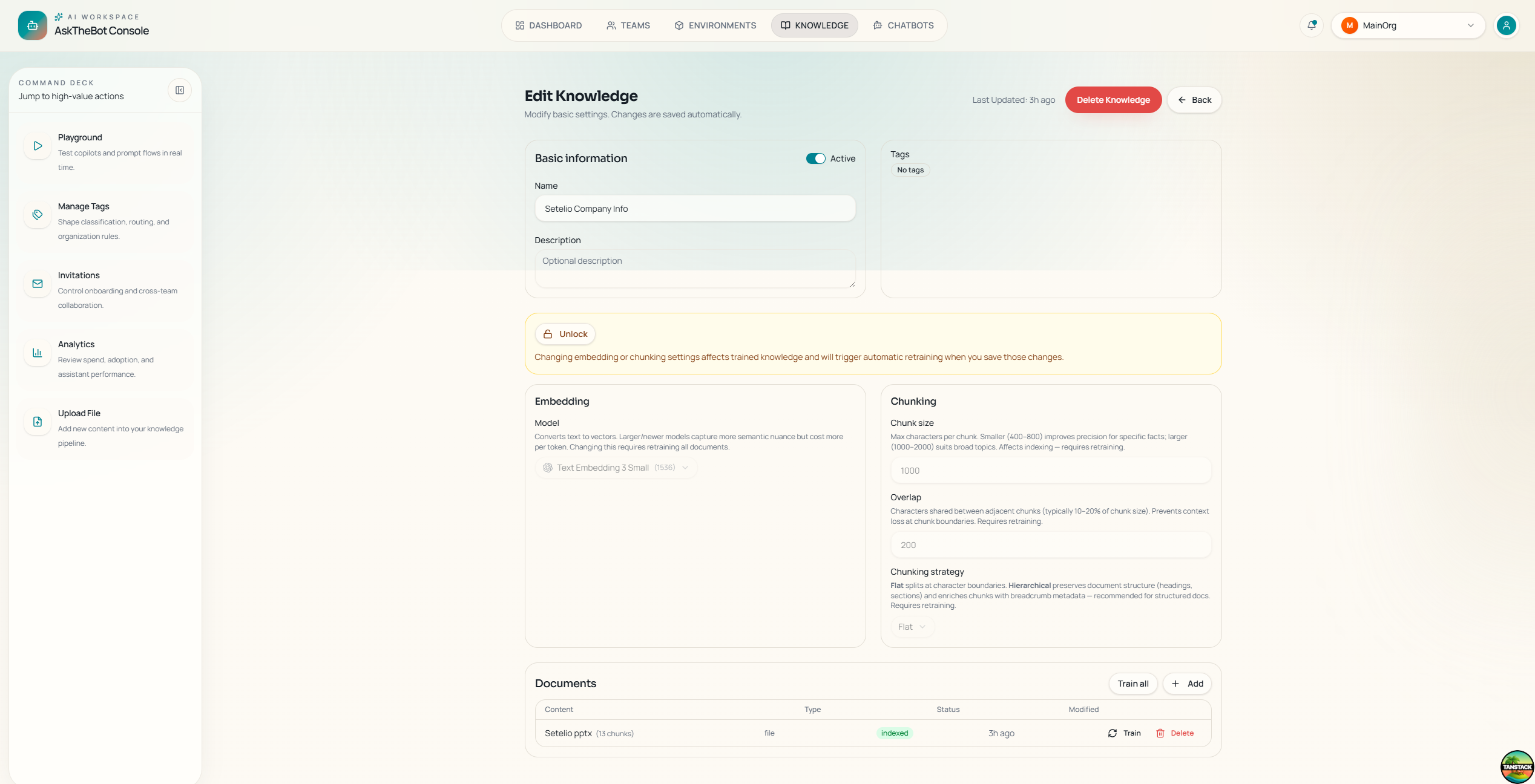 AskTheBot Console — Edit Knowledge Base with ingested document list