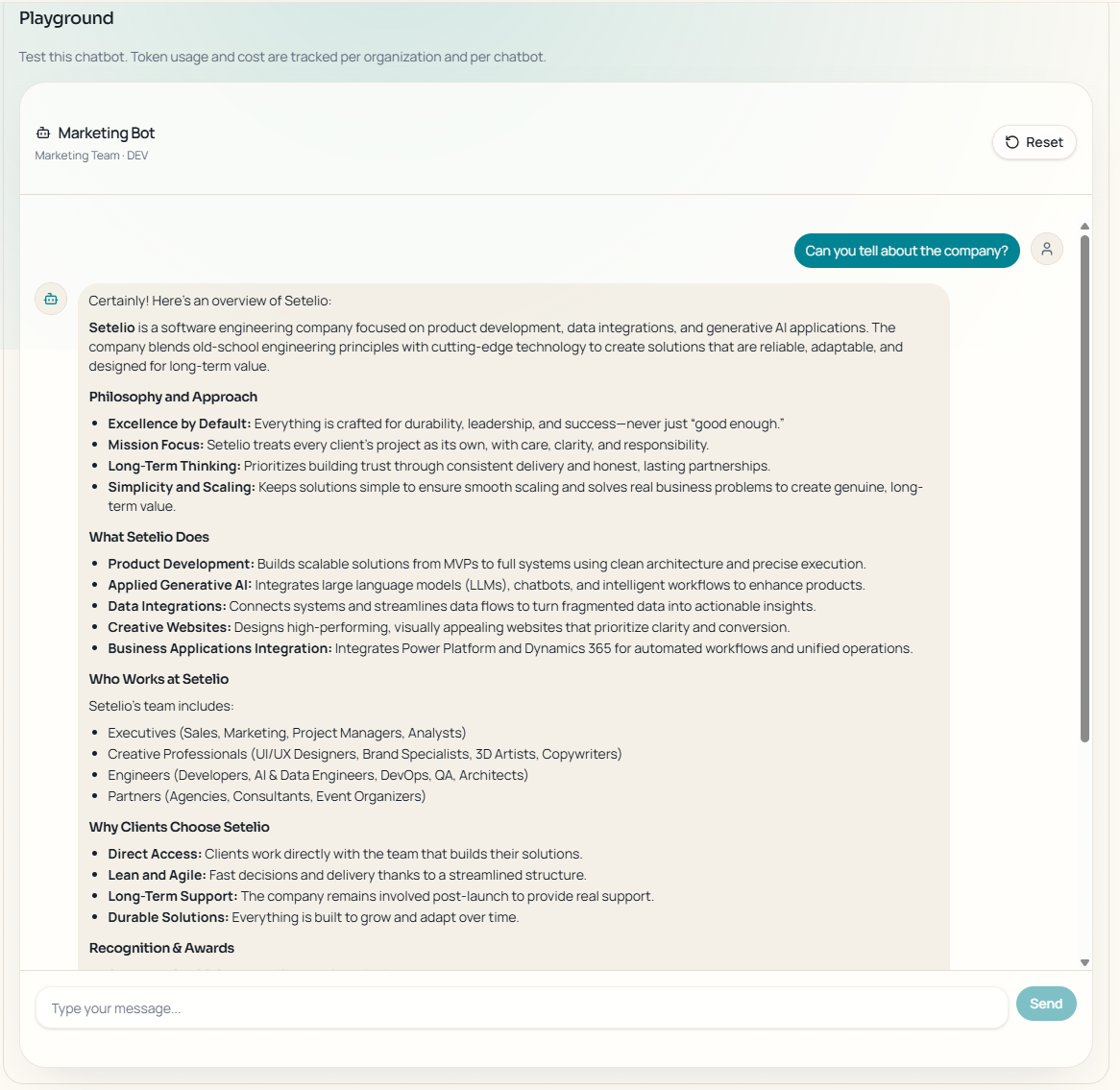 AskTheBot Console — Playground chat interface for testing chatbot responses
